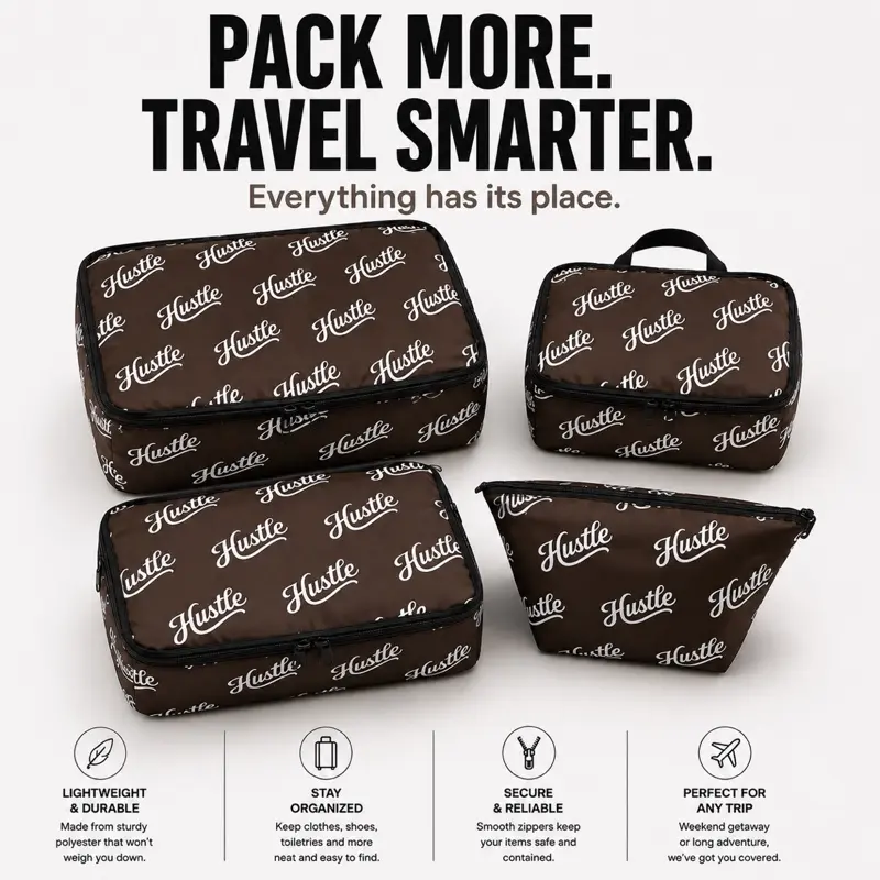 Hustle Travel Gear - Black with White Logo, Lightweight & Durable, Stay Organized, Secure & Reliable, Perfect for Any Trip