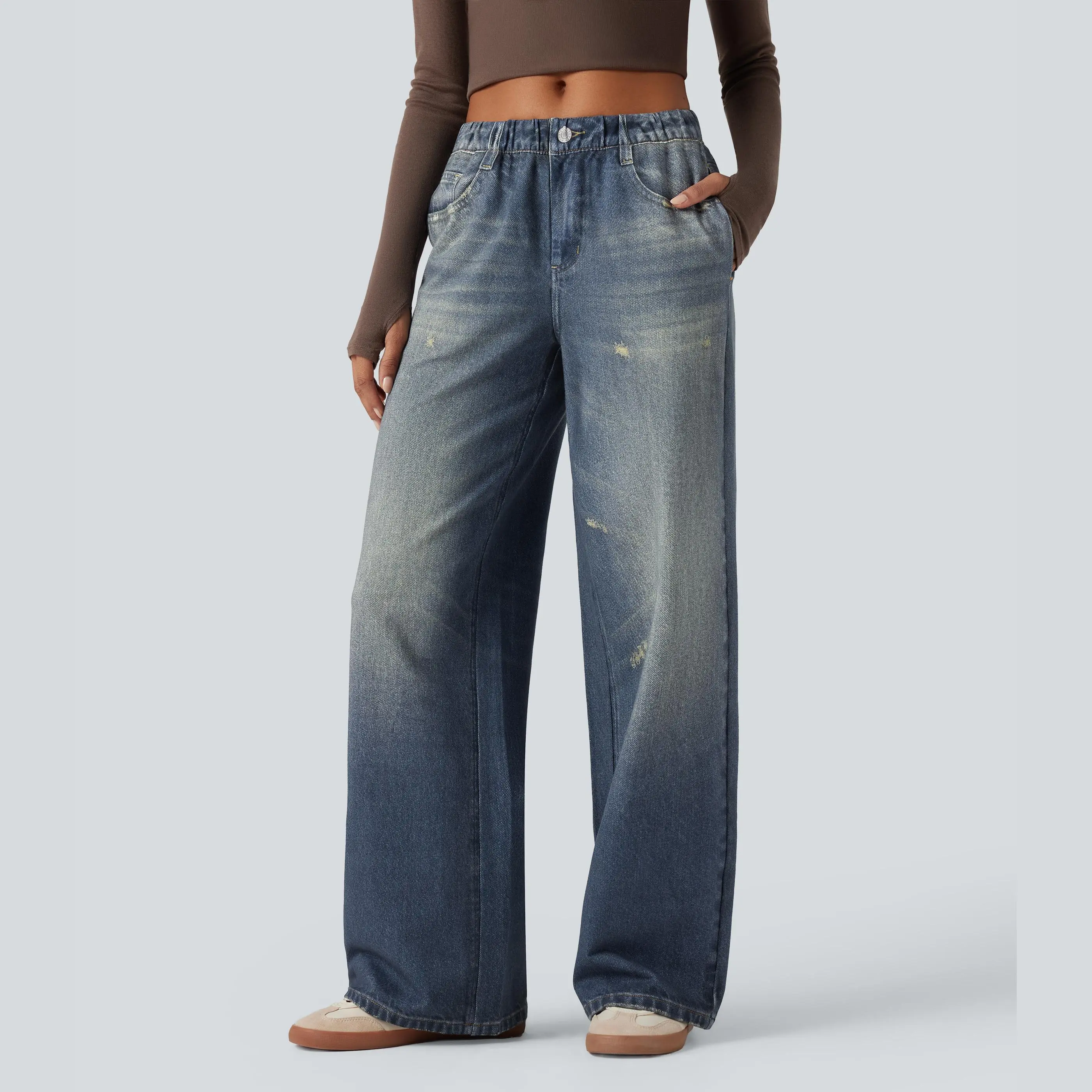 Halara Mid Rise Denim Print French Terry Casual Sweatpants Jeans with Pockets Halara Mid Rise Denim Print French Terry Casual Sweatpants Jeans with Pockets