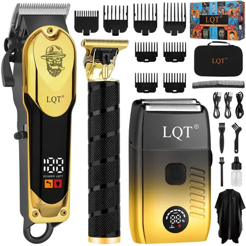 LQT Black & Gold 3-in-1 Cordless Barber Kit for Men, Hair Clipper, T-Blade Trimmer & Foil Shaver, LED Display, USB Rechargeable