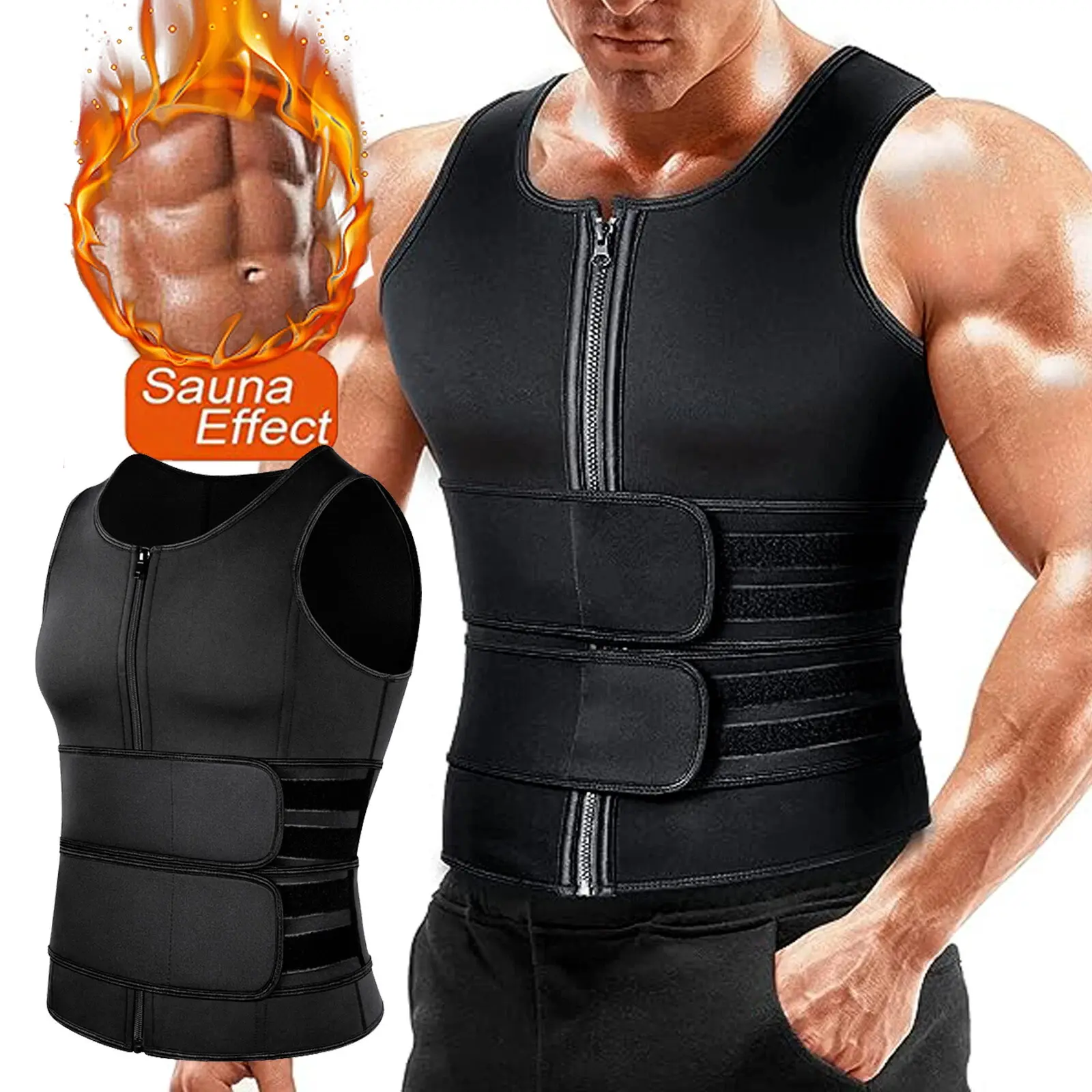 Men's Compression Sauna Sports Vest, Neoprene Zipper Body Shaper with Tummy Control and Adjustable Double Belt Waist Trainer, Compression Sauna Men's Sports Vest, All Seasons, Yes, 2Xl