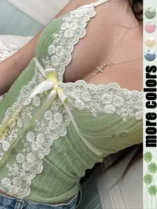 Women's Bow Decor Lace Cami Top, Summer Clothes Women, Solid Spaghetti Strap Top, Soft Comfortable Top for Women, Loungewear, Slim, Chic