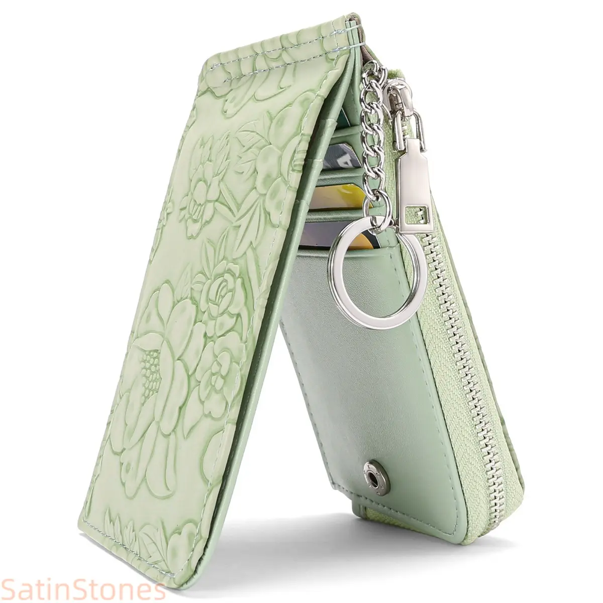 Women's Embossed Print Card Holder Wallet - Fashionable Zipper Organizer with Keyring Clip, ID Pocket, Card Storage