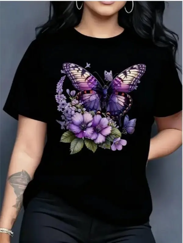 Summer Cool Short Sleeve T-Shirt Soft 100% Cotton Print Large Gradient Purple Butterfly With Lavender Purple Floral Green Leaves Small Butterflies Realistic Watercolor Insect Flower Elegant Front Graphic Women