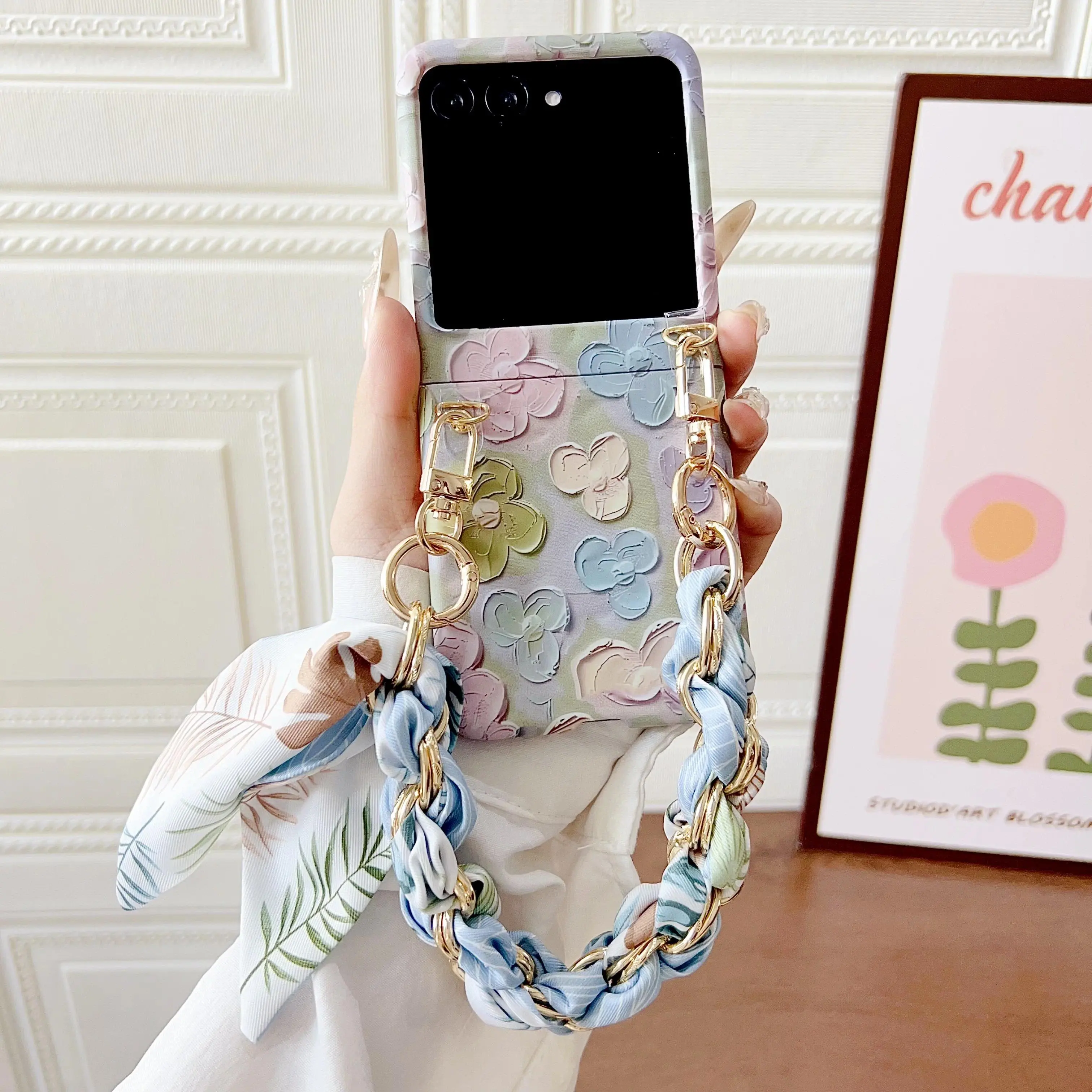 Motorola Razr 60/Razr 50 Case, 2 Color Fresh Flower Painted Embossed Hard PC Cover with Wrist Strap, Shockproof Protective Shell