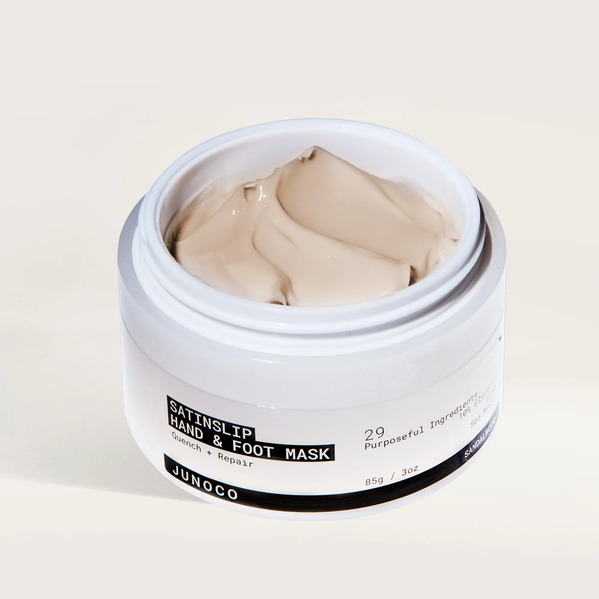 JUNOCO Satinslip Hand & Foot Mask – Overnight Hand & Foot Cream for Dry Skin, Crème-to-Oil Treatment with Urea, 10% Glycerin & Sea Water, Warm Sandalwood, 3oz