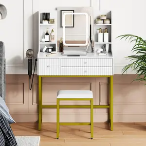 Fathersdaygift Summervibes Flash sale home items: Fluted Modern Makeup Vanity Desk Set with 3-Color LED Lighted Mirror & Stool. Built-in charging station, 3 drawers, ample storage shelves, white board & gold metal frame, ideal for bedroom