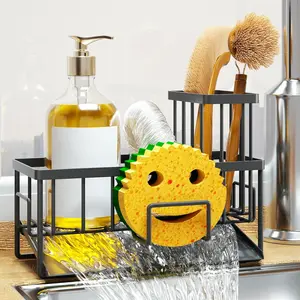 Sink Caddy Organzier, Sponge Holder for Kitchen Sink with Brush Holder and Self Drain Tray, Dish Soap Dispenser Caddy for Home Kitchen Organizers and Storage Decor Essentials Accessories