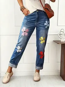 KCGH Plus Size Floral Embroidered Jeans Women Fall New Arrival Unique Fashion Straight Leg Slim Fit Cute Vibrant Casual Denim Pants