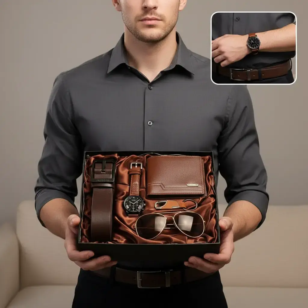 【For U Gifts】2026 NEW Men's 5-Piece Gift Set - Leather Wallet, Watch, Belt, Sunglasses & Keychain, Luxury Present for Him Men's Business Fashion Watch& Cufflinks & Tie Clip Set, Casual Trendy Watch Set, with Box, Birthday Gift for Men wonderful