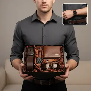 Men's 5-Piece Gift Set - Leather Wallet, Watch, Belt, Sunglasses & Keychain, Luxury Present for Him Men's Business Fashion Watch& Cufflinks & Tie Clip Set, Casual Trendy Watch Set, with Box, Birthday Gift for Men wonderful
