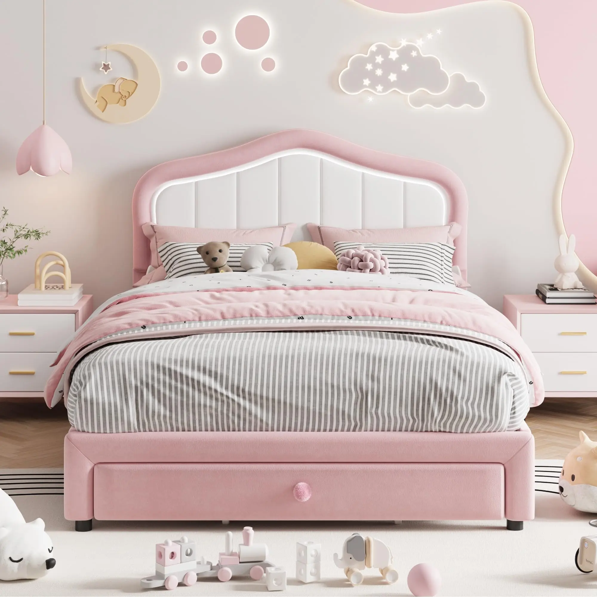 Upholstered Full Size LED Bed Frame with Storage Drawer, Velvet Princess Platform Bed Frame for Kids/Girls, No Box Spring Needed, Easy Assembly, Pink