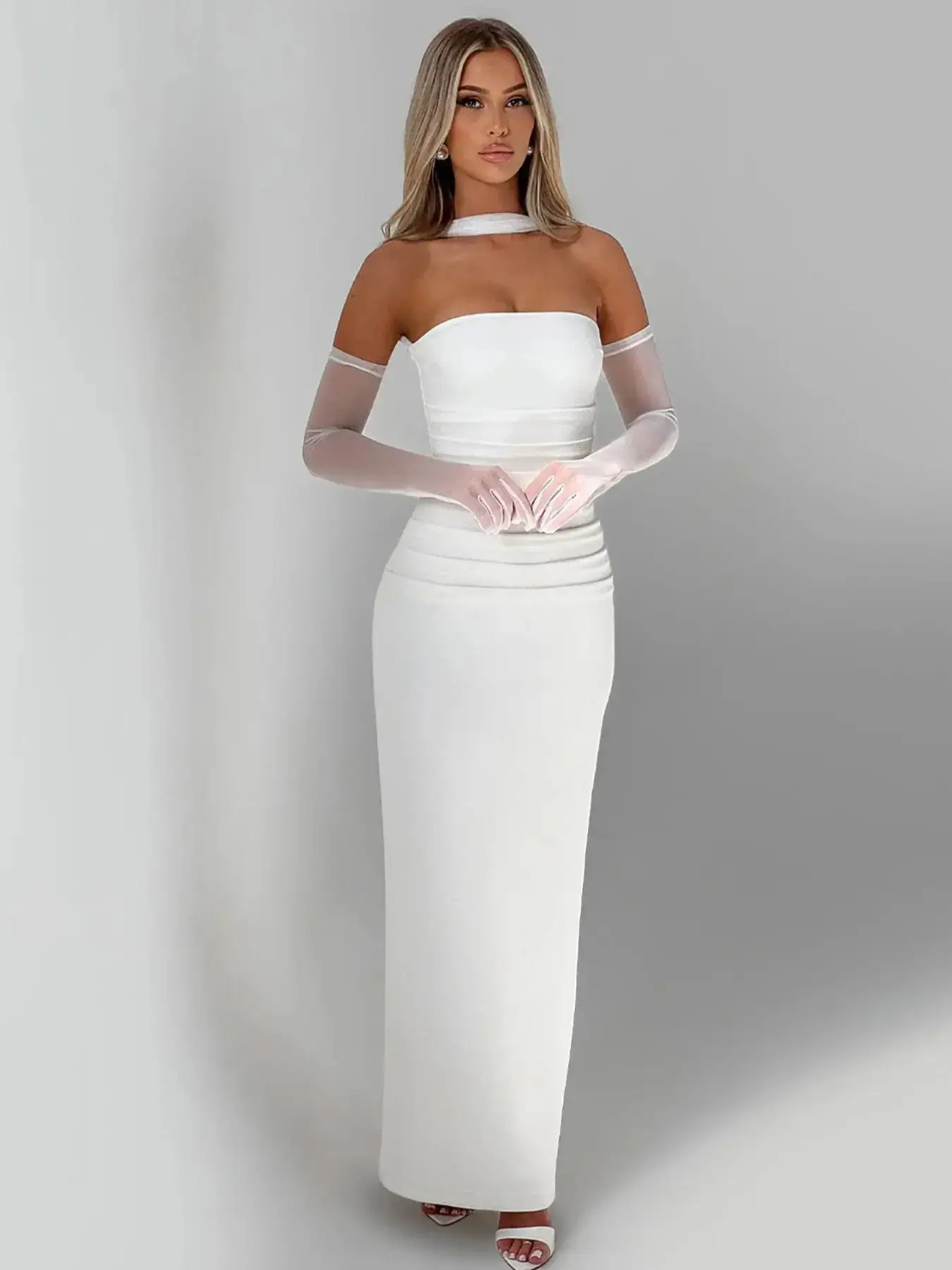 Women's Solid Strapless Tube Dress & Scarf & Sleeves Set, Black Tie Wedding Guest Dresses Outfit, Elegant Fashion Maxi Dress Set for Party Club Dating Holiday, Ladies Summer Clothes