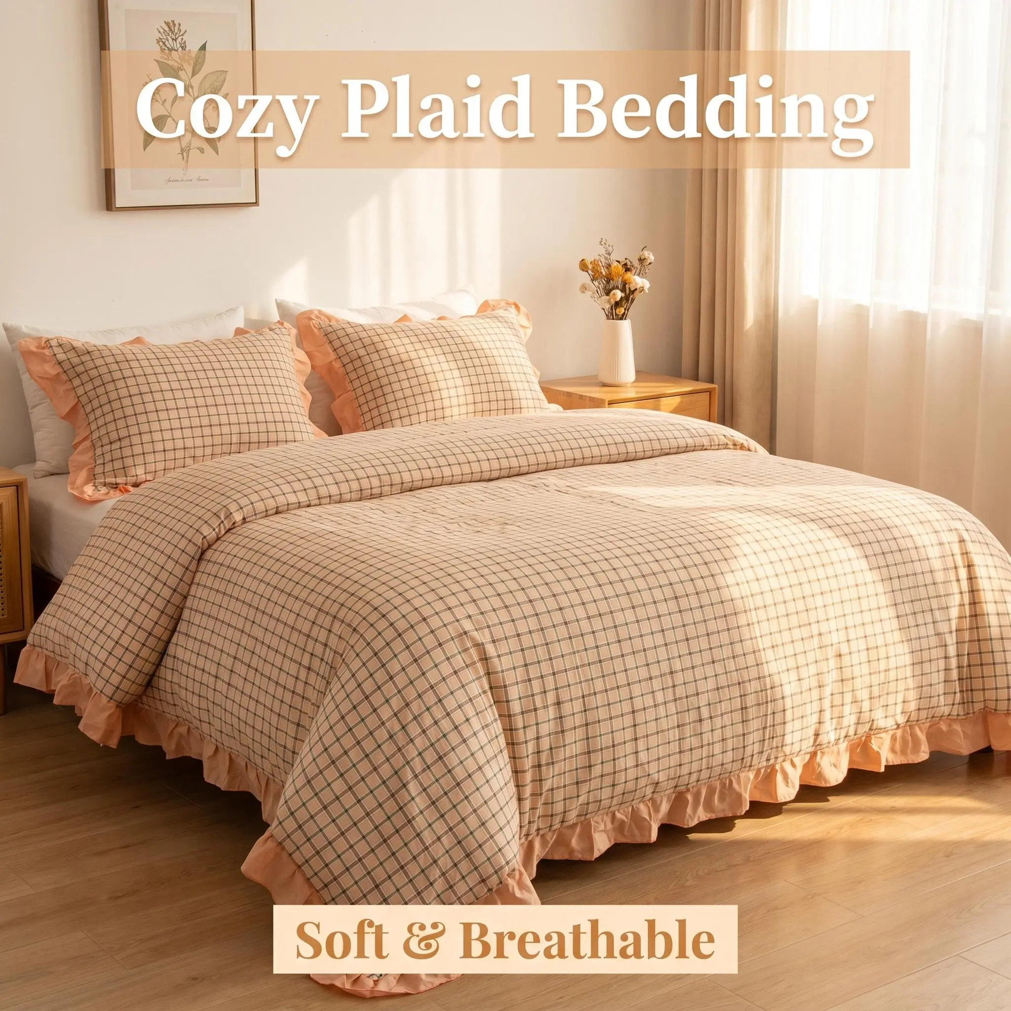 Bedsum 3 Pieces Washed Cotton Ruffled Duvet Cover Set, Breathable Soft Comforter Cover Set with Zipper Closure, Shabby Chic Bedding Set with Pillow Shams