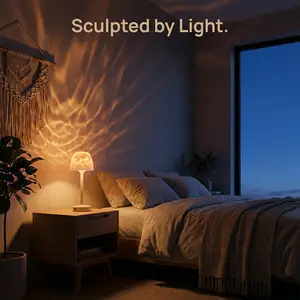 Rechargeable LED Table Lamp with Water Ripple Ambient Light Effect, Cordless Bedside Lamp for Warm Relaxing Glow, Modern Home Decor Lighting, Multi-Scene Use from Desk to Living Room, Stylish Khaki Color Mood Lamp