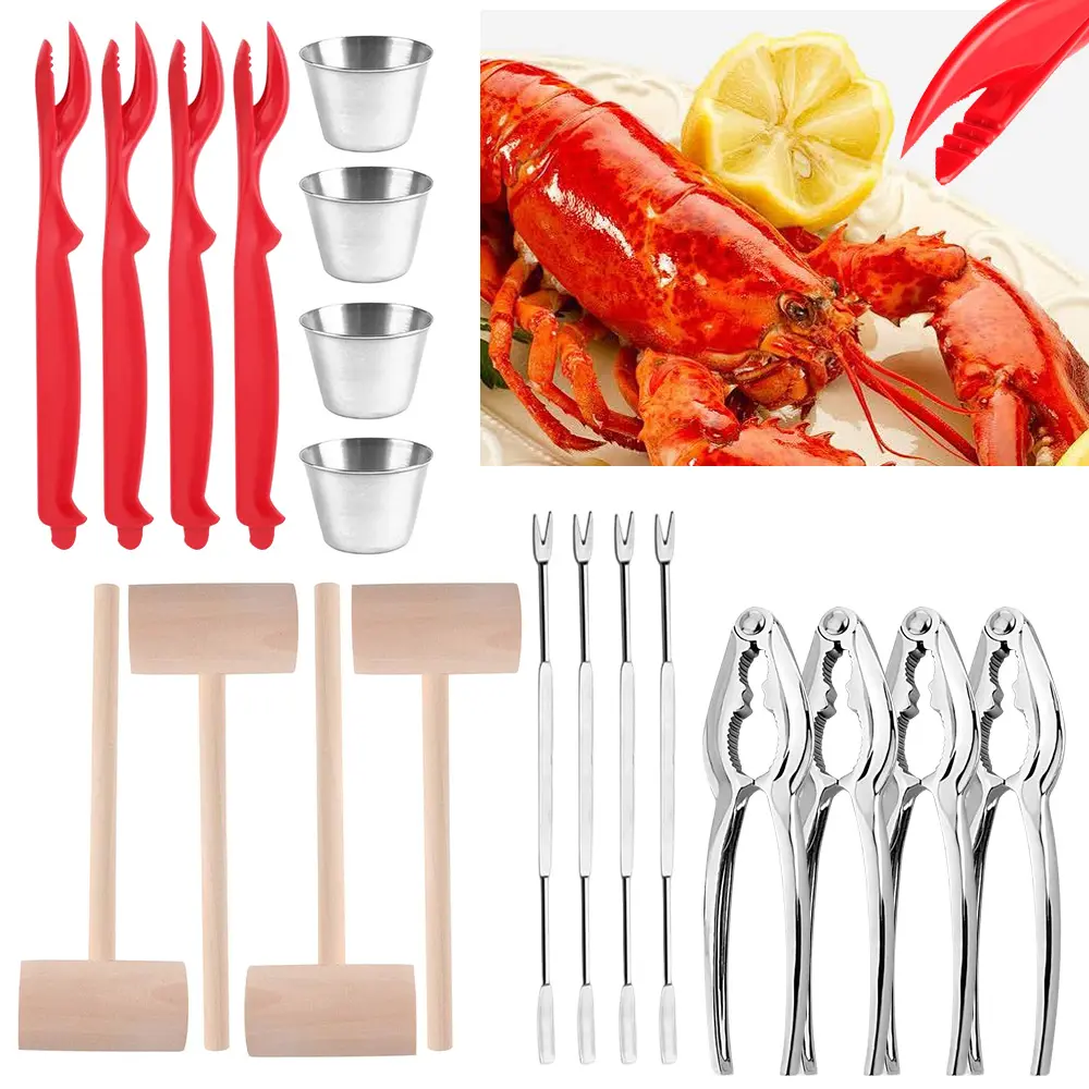 4 set Crab Crackers and Tools including 4 Lobster Crab Crackers 4 Lobster Shellers 4 Seafood Forks 4 Sauce Cups and 4 Lobster Crab Mallets Nut Cracker and Storage Bag