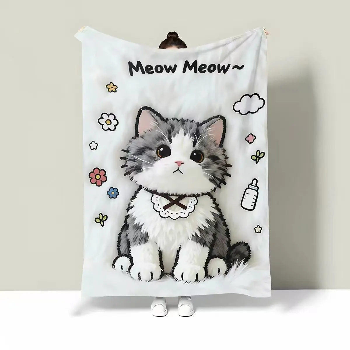 Adorable Kitty Flannel Blanket usable all year, great as office shawl, sofa blanket & student nap cover