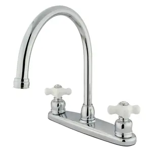 212 MAIN High Arc Gooseneck Kitchen Faucet - Curved Spout, Solid Brass, Porcelain Cross Handle, Chrome Finish, Traditional Look, Washerless Kitchen Fixture Accessory