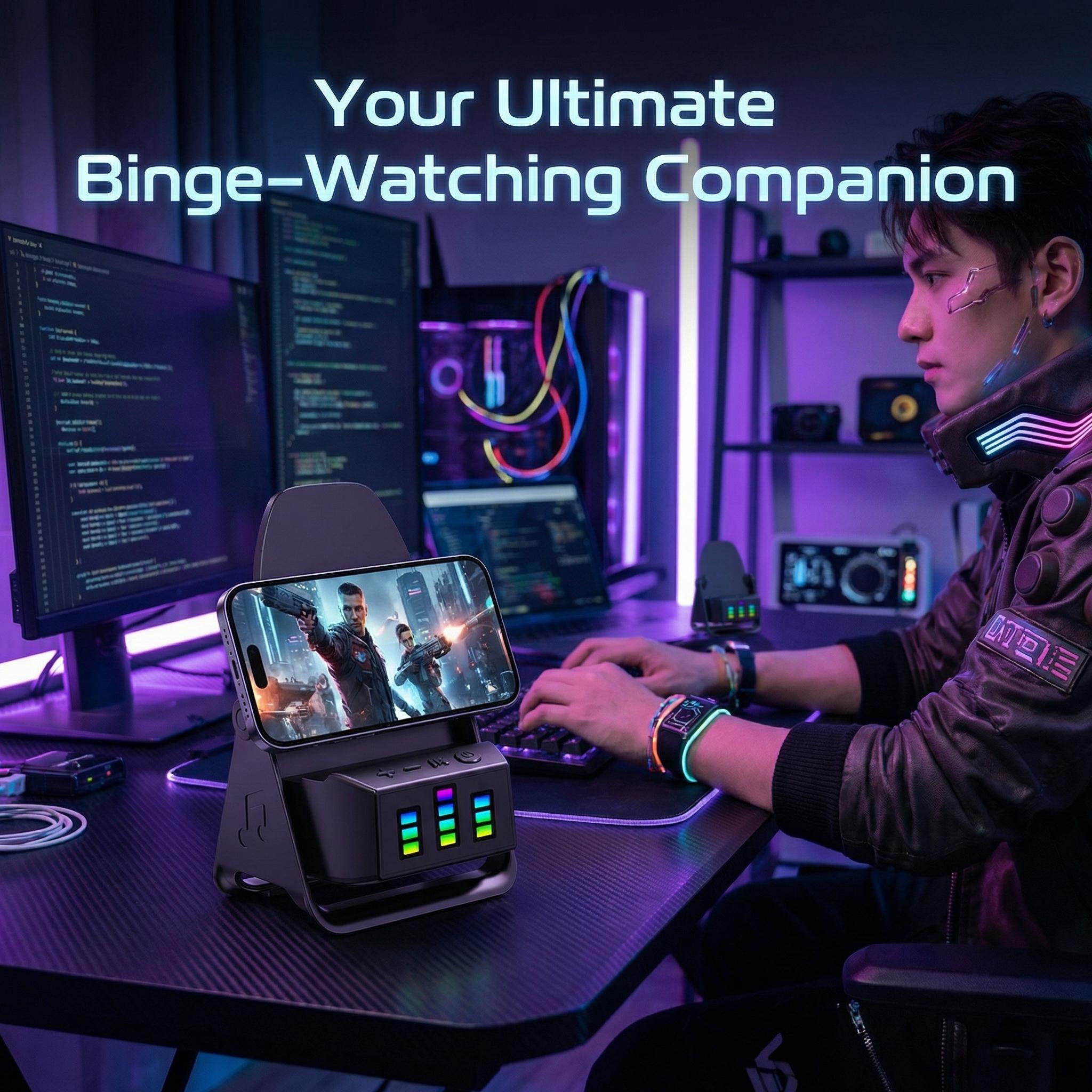 5-in-1 Wireless Induction Speaker Phone Stand，360° Adjustable，Power Bank，RGB Ambient Light，Universal Gift for Men Women