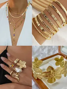 Women's Fashion Jewelry Set, Zinc Alloy Elegant Floral Heart Pearl Butterfly Ribbon Necklace Bracelet Earrings Ring, Perfect Gift for Parties & Daily Wear