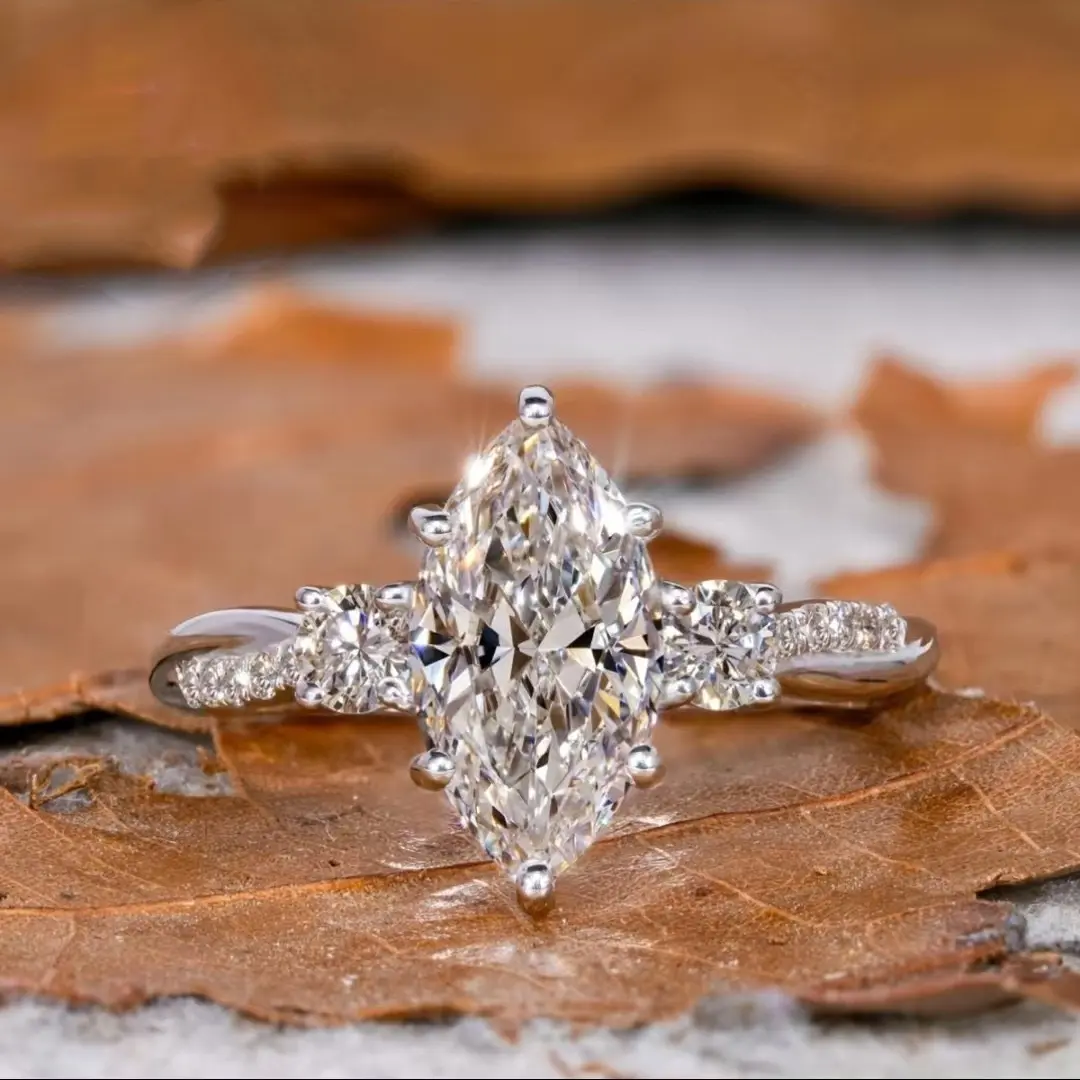 Marquise Cut CZ Engagement Ring for Women, S925 Sterling Silver 3-Stone Sparkling Ring, Elegant Statement Jewelry for Proposal, Wedding, Anniversary, Birthday & Valentine’s Day Gift