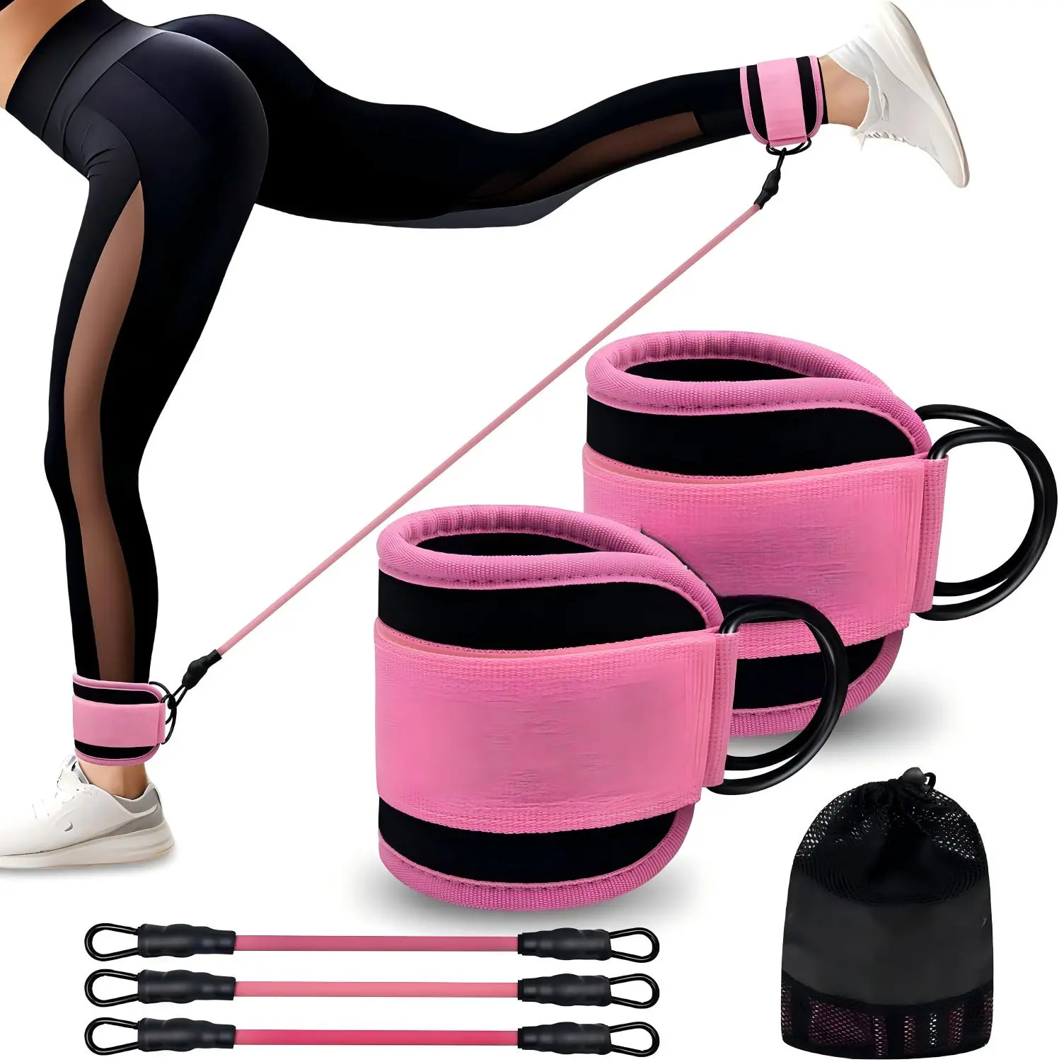 Ankle Resistance Bands with Cuffs, Ankle Straps for Cable Machines, Natural Latex Tubes, 3 Levels for Leg and Glute Workouts, Padded Ankle Straps for Kickbacks, Hip Training and Home, Gym Exercise for Women