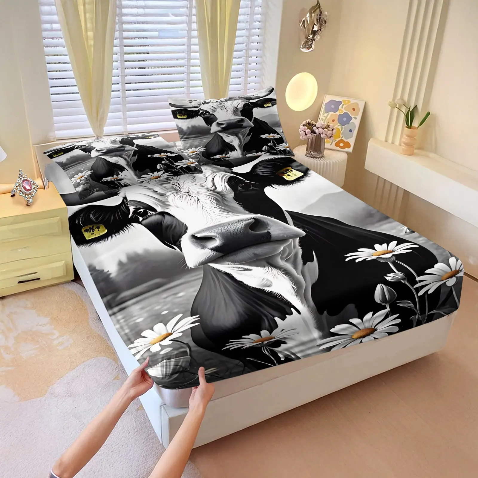 3pcs 3d Digital Print Cow and Daisy Floral Themed Fitted Sheet Set, Bedding Set Features A Pastoral and Refreshing Design With Cow and Daisy Flower Elements. Made of Soft Microfiber Material, Includes 2 Pillowcases, Not Include Pillow Inserts.