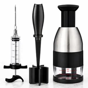 Ultimate Kitchen Tool Set - Meat Injector, Meat Masher, and Garlic Presser (3-Piece) Sturdy Utensil Plastic Stainless Meat Shredder