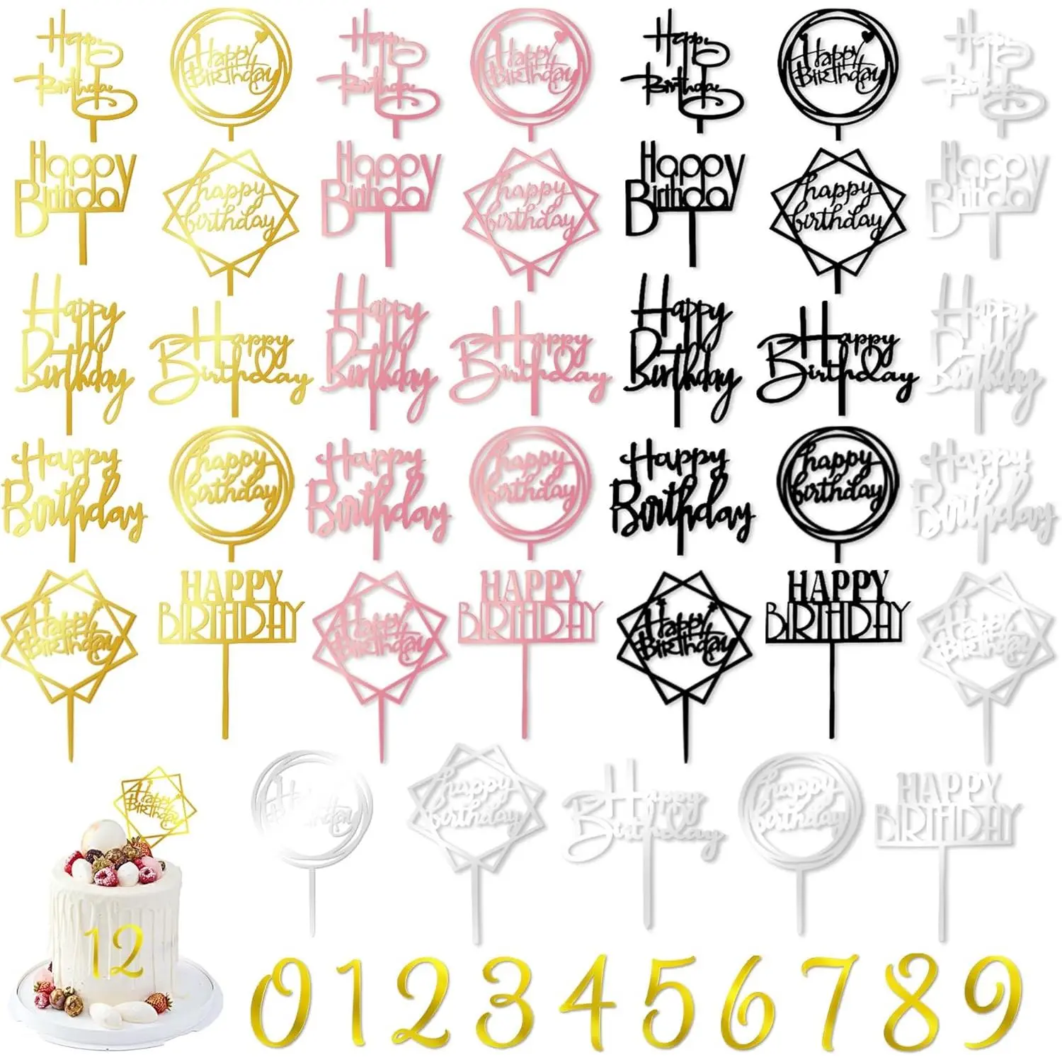 XY-SO37 50 PCS Acrylic Happy Birthday Cake Topper Gold Black Pink Silver Birthday Cake Topper Pick for Birthday Party Cake Desserts Pastries Decorations (4 Colors) Ornaments