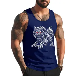 Funny Black Aggressive Wolf Red Eyes Werewolf Tank Top , Summer Gym Muscle Sleeveless, Casual Knitted Slim Fit Beach Tank top Fabric Menswear