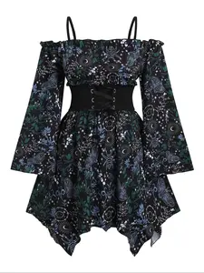 Boho Style Bohemian Floral Print Asymmetrical Hem Bodycon Dress, Casual Wear Slim-Fit Long Sleeve Flared Off-Shoulder Dress for Spring & Fall, Women's Fashion Clothing Womenswear Aesthetic