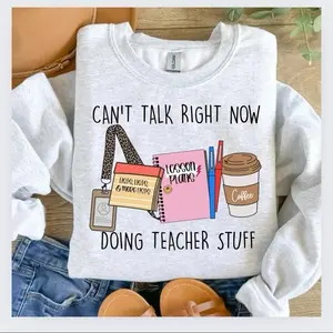 Can’t Talk Right Now I’m Doing Teacher Stuff Sweatshirt, Cozy Ash Grey Pullover for Teachers, Cute Classroom Teaching Crewneck
