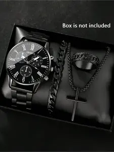 4pcs Men's Fashion Quartz Watch Set With Zinc Alloy Case,Analog Display, Casual Trendy Wristwatch - Ideal For Casual, Sports， Fashion Accessories