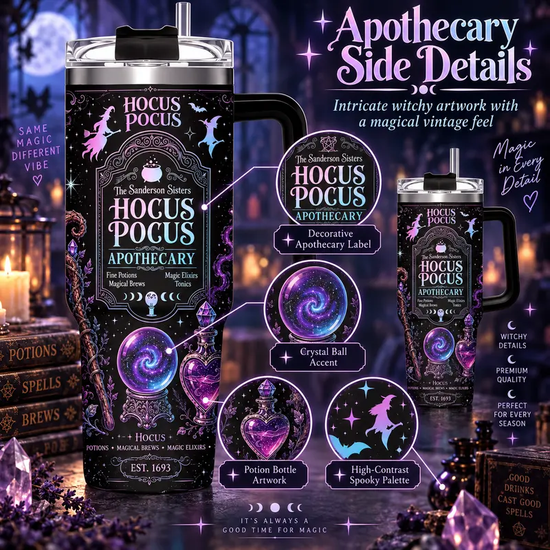 Halloween Tumbler, Hocus Pocus Apothecary Tumbler with Handle, Sanderson Sisters Magic Potion Design Cup, Spooky Halloween Travel Mug, Halloween Gift, Witchy Aesthetic Gift, 40oz Stainless Steel Tumbler