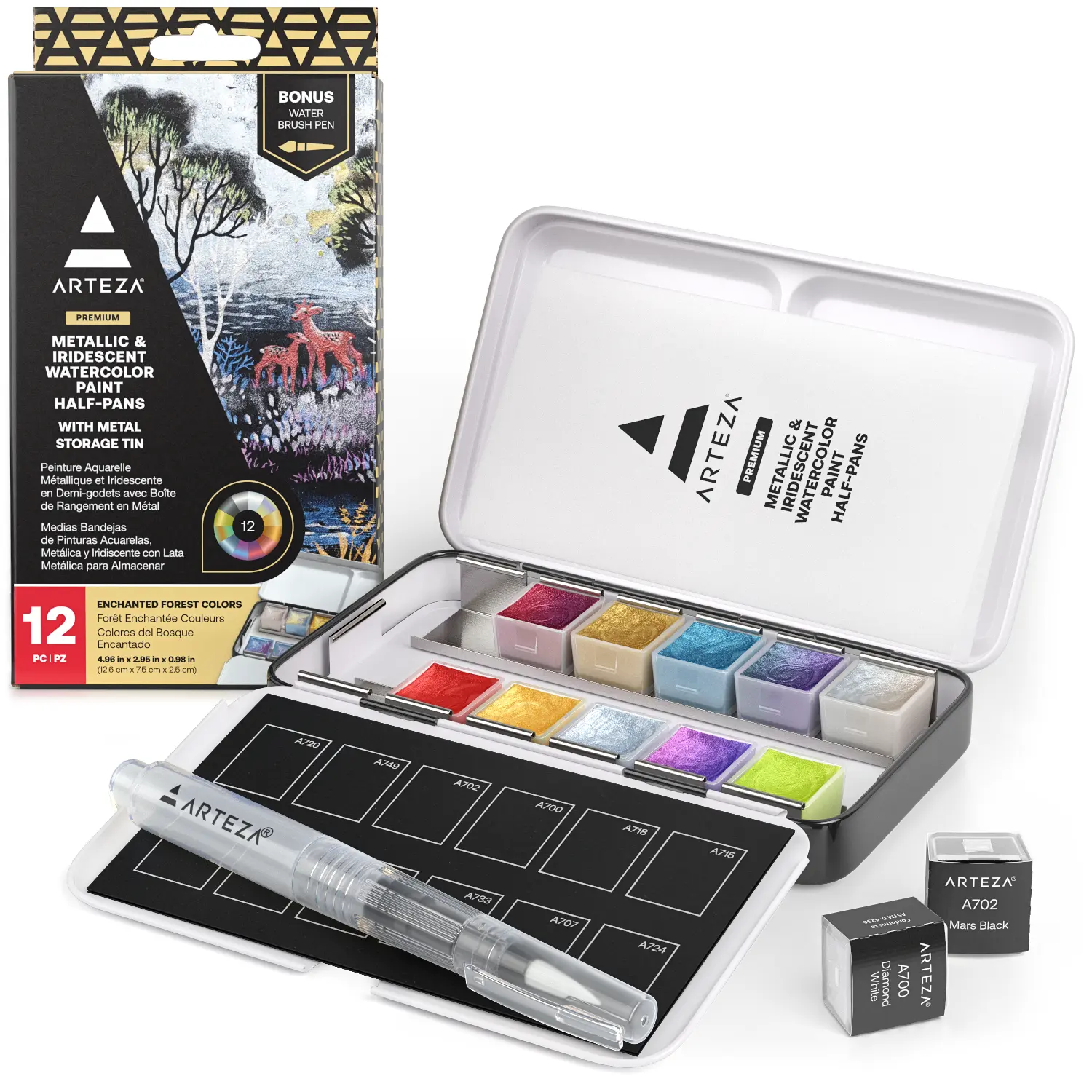 Arteza® Metallic & Iridescent Watercolor Half Pans Set - 12 pc Enchanted Forest, Travel-Friendly, Refillable Water Brush, Shimmer Effect, Metal Storage Tin Organizes Paints, ARTZ-4725
