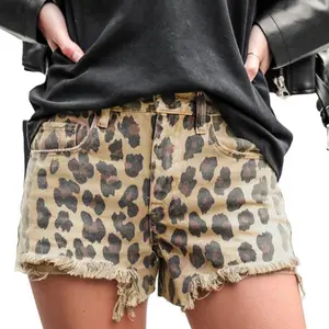 Shorts for Women Cut Off Leopard Print Denim  Women Frayed Jean Short Ripped Frayed Hem Summer Trendy Jorts Mid Rise Shorts Comfy with Pockets