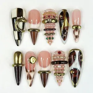 Brown Gold Luxe Press On Nails | Sculptural Ring Nail Art | Luxury Jewelry Inspired Nails | High Fashion Reusable Press Ons | Glam Luxury Nail Set