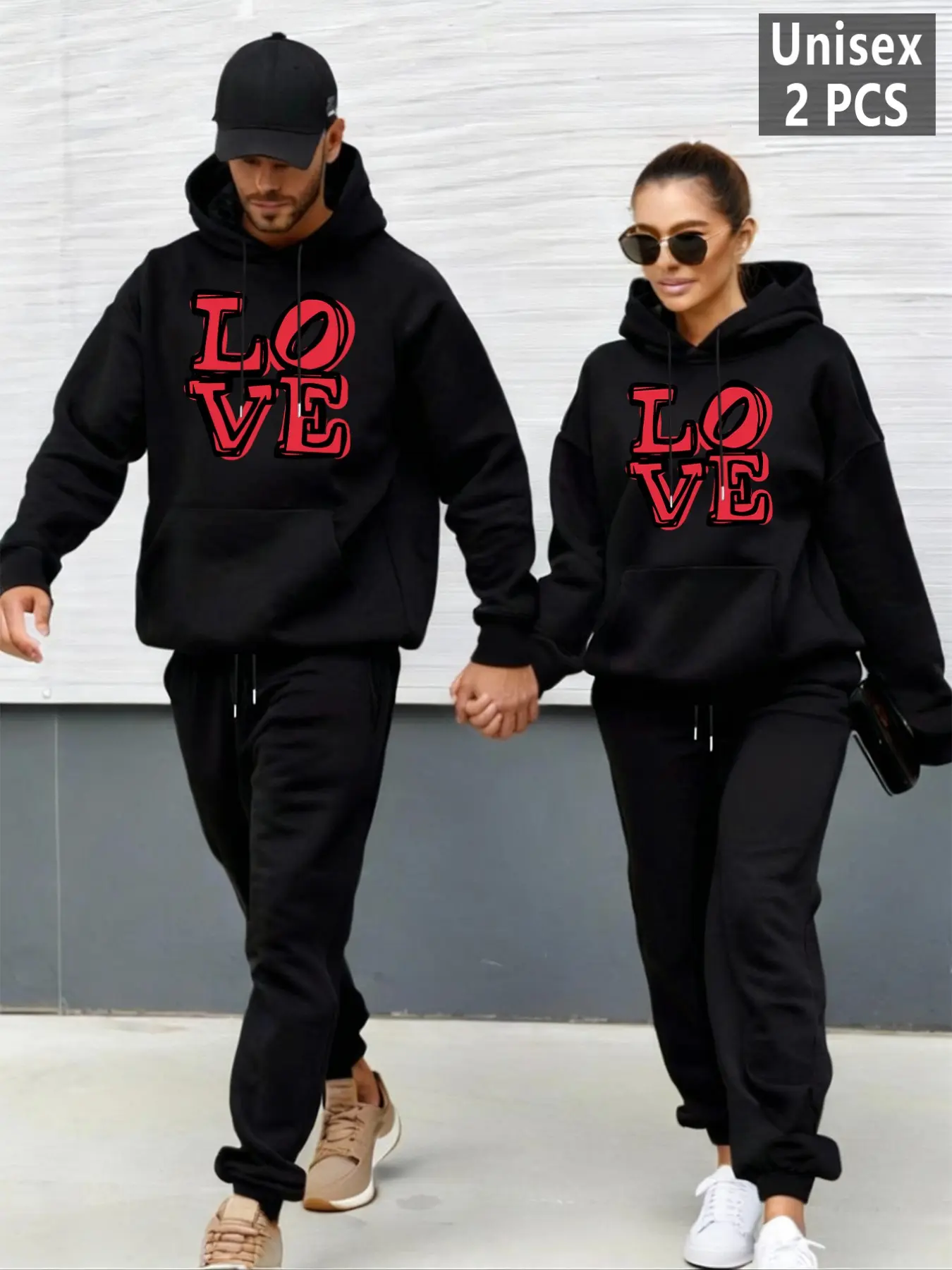 Women Men Couple Hoodie Set, Valentine's Day Gift, Outdoor Sportswear, Fitted Letter Heart Pattern, Fall Winter Fashion