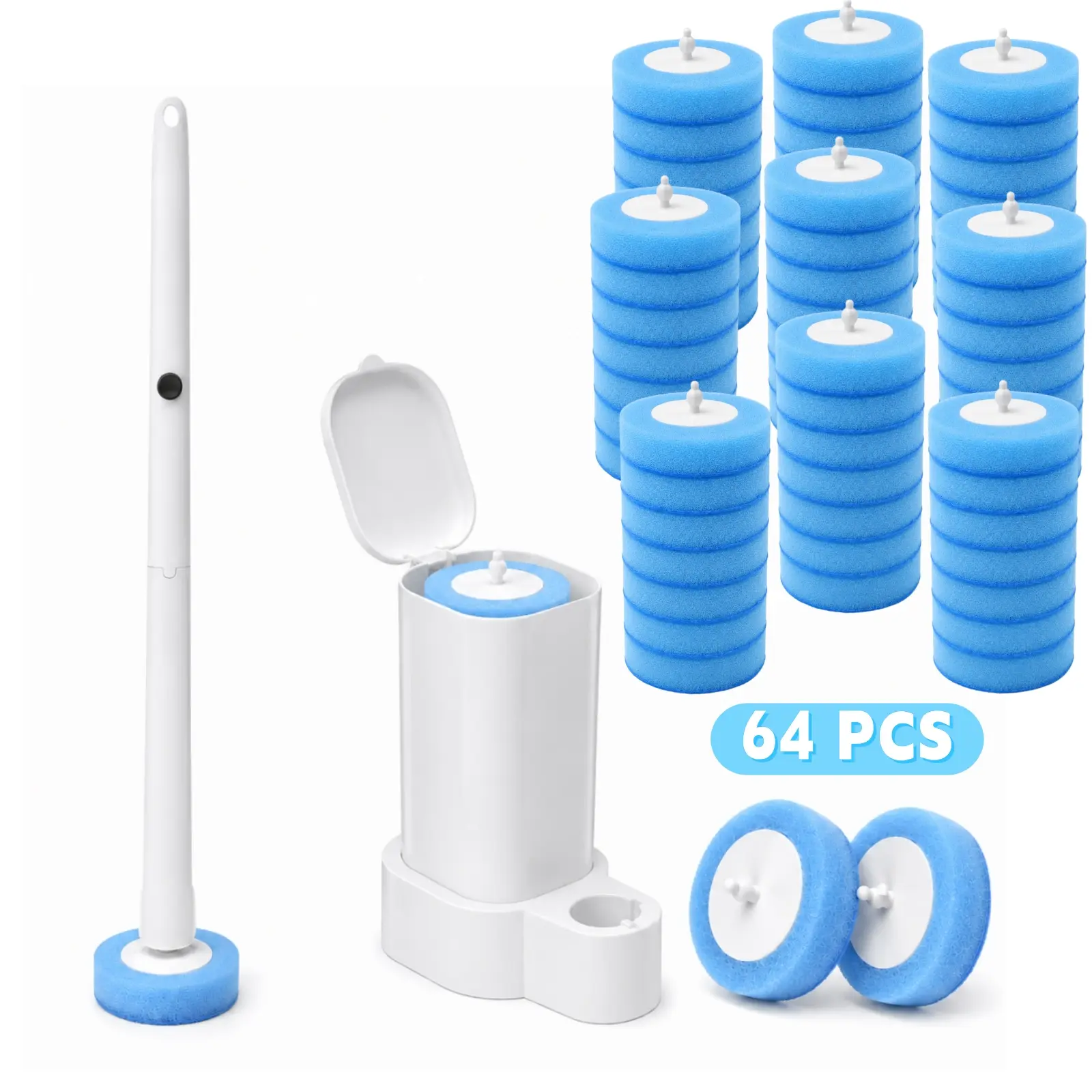 Disposable Toilet Brush and Holder Set, Toilet Bowl Cleaning Wand with 64 Refills, Wall-Mounted Toilet Scrubber for Bathroom Cleaning