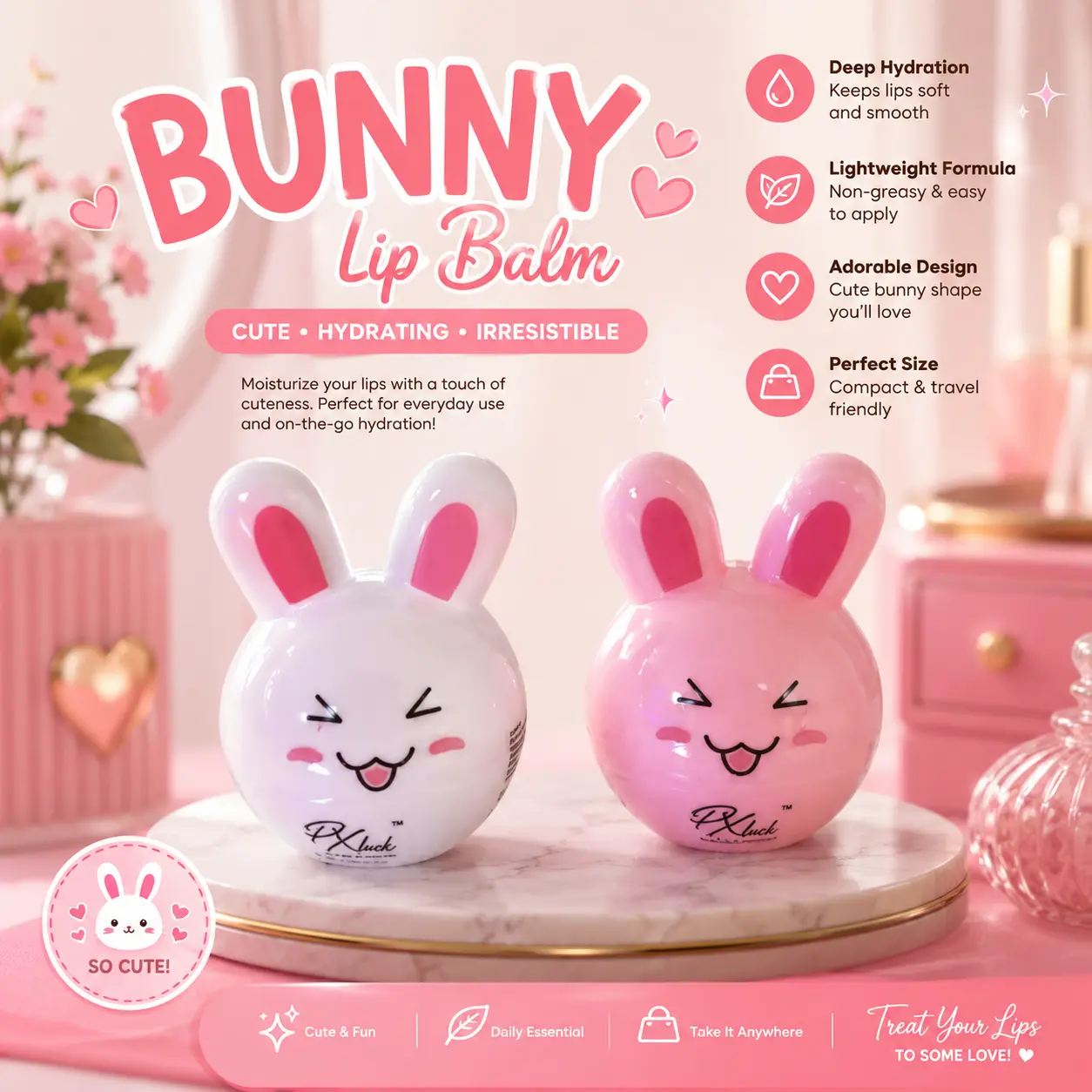 PX Look Cosmetics Scented, Compact, Moisturizing Oil-Infused Hydrating Cotton Candy Lip Balm - Bunny Design