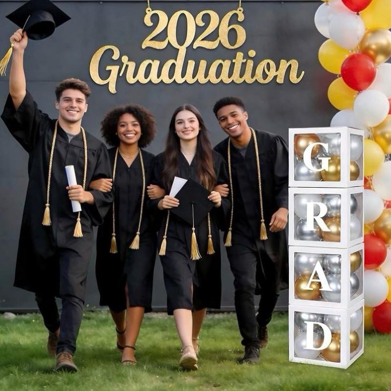 Ledido 2026 Graduation Balloon Boxes Decorations, 4 Pieces White Clear Grad Balloon boxes with Letters, Class of 2026 Graduation Party Supplies for College, High School, Prom, Birthday, Baby Shower