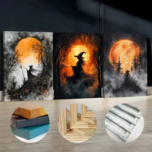 3Pcs Wooden Framed Canvas Painting, Halloween Witches In The Forest, Perfect Gift Exquisite Poster, Home Decoration, Pattern Wall Art Decor, For Living Room, Bedroom, Office, Restaurant, Bar Wall Decor, Waterproof, Odorless, Painting, Print Artwork.