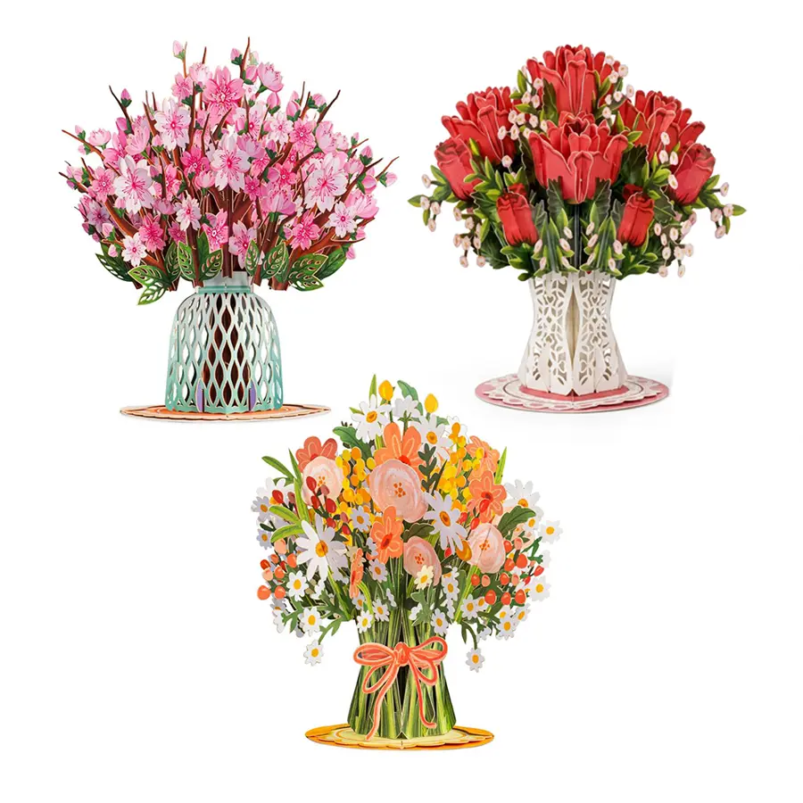 3 Pcs Flower Bouquet Pop-Up Card – Fathers Day Gift, Father's Day Card, Mom's Day Flowers, 3D Popup Greeting Card & Keepsake Flowers, Thoughtful Gifts for Mom, Wife, Grandma, Birthday, Anniversary, Get well, Thank You Valentine's Day Gift