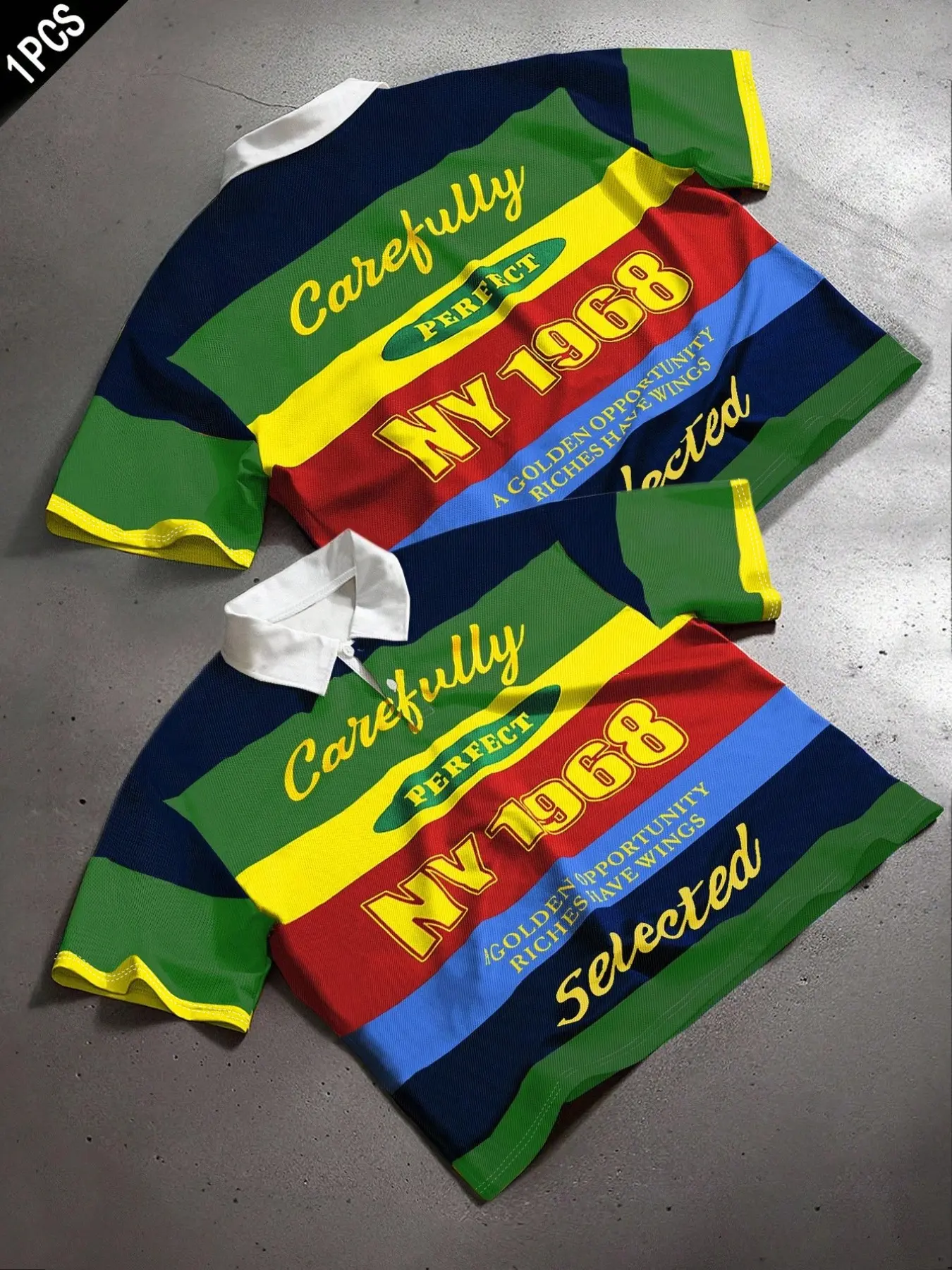 American Vintage Colorblock Striped Ny1968 Print Polo Shirt, Men's Summer Fashion Oversized Loose Fit Turn-Down Collar Short Sleeve T-Shirt