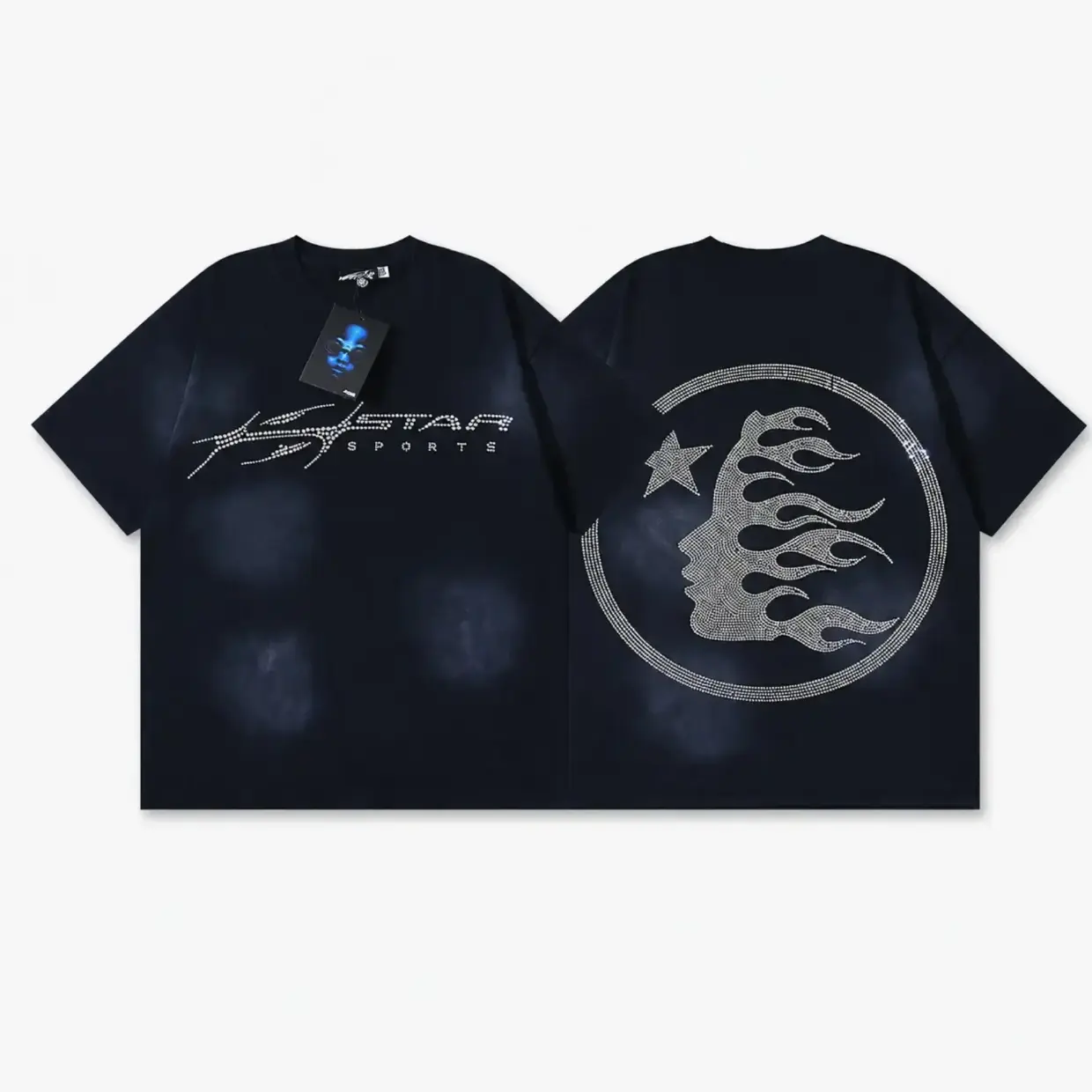 HELLSTAR Star Flame Face Graphic T-Shirt for Men and Women, Sun Bleached Mineral Wash 100% Cotton Heavyweight Loose Boxy Drop Shoulder Short Sleeve Tee, Y2K Cyberpunk Streetwear Top