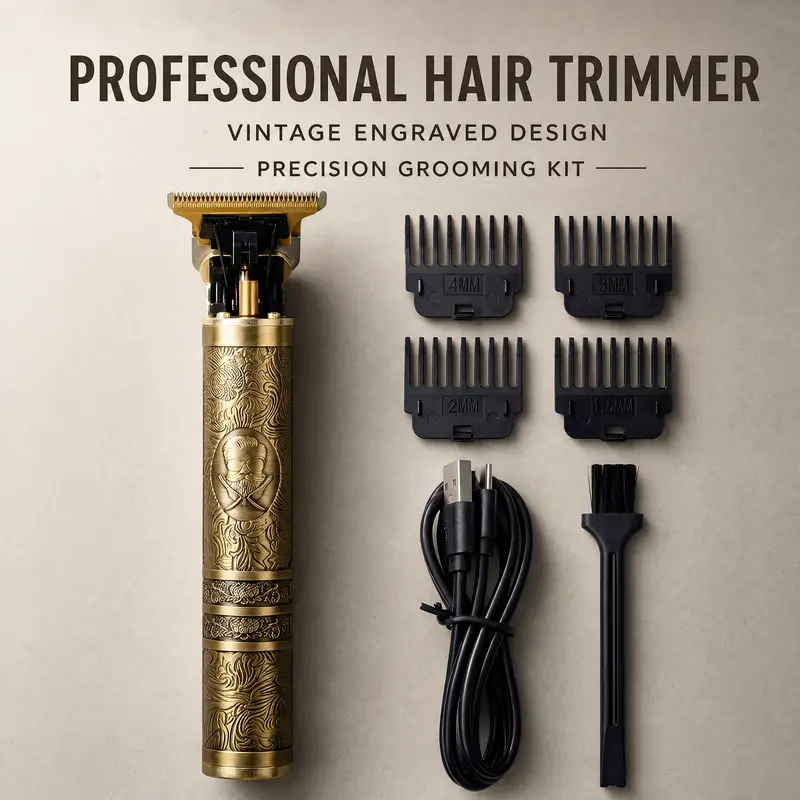 Pro-Level Vintage Gold Exquisite Carving Electric Hair Clipper - Salon Barber Equipment, Compact Body, Home Use Home-Friendly Tool, Pro-Level Use, Luxe Feel, Men's Christmas Gift