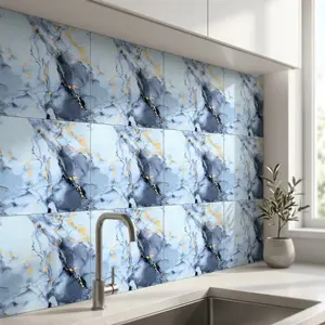 Luxury Blue Gold Marble Decorative Self-Adhesive Tile Sticker, Kitchen Bathroom Wall Counter Renovation, Thick Durable Easy Clean, No Glue Cuttable