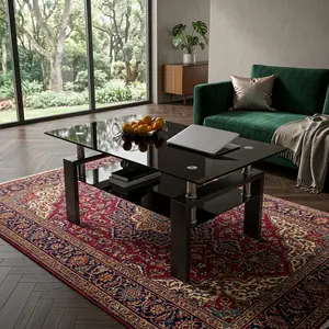 39.37 Inch Rectangular Tempered Glass Coffee Table, Classic Black 2-Tier Storage Center Table with Heat Transfer Metal Frame, 220lbs Load Capacity Accent Table for Living Room Home Use