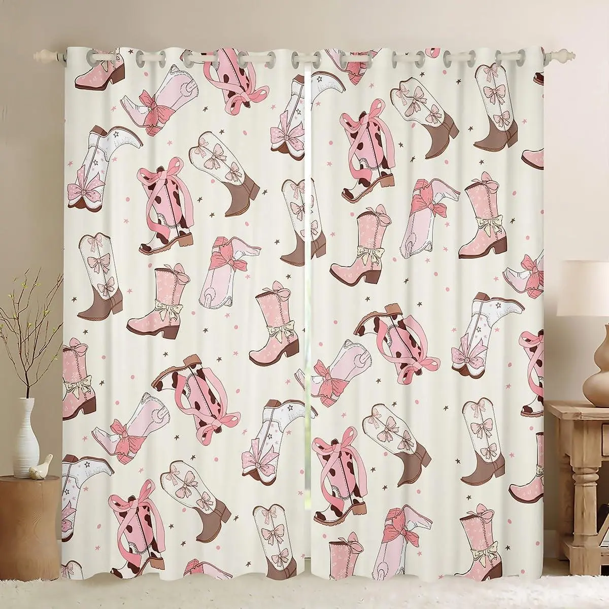 Cowgirl Curtain Western Cowgirl Boots Window Curtain,2 Panels,Pink Bow Window Treatments for Kids Boys Girls,Wild Rustic Cowboy Curtains & Drapes Cow Print Window Drapes Cute Decor