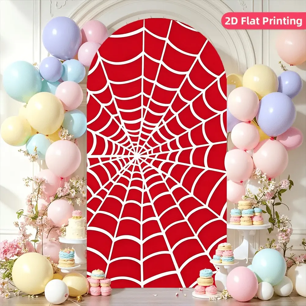 Red And White Spider Web Pattern, Polyester Fabric, 2D Flat - 2D Flat, 2D Flat - 2D Flat, 2D Photo Booth Props, 2D Flat Single-Sided Printed Arch Backdrop, Backside Elastic Hanging, Edge Binding Design, Multi-Size Available, Suitable for Weddings