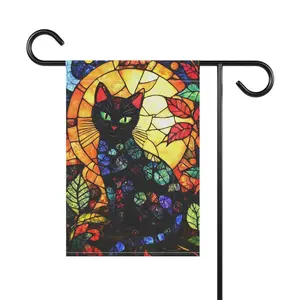 Halloween Black Cat Flag, Autumn Flag Decor, Fall Garden Flag, Black Cat lover gift, stained glass cat, halloween decor, black cat gift